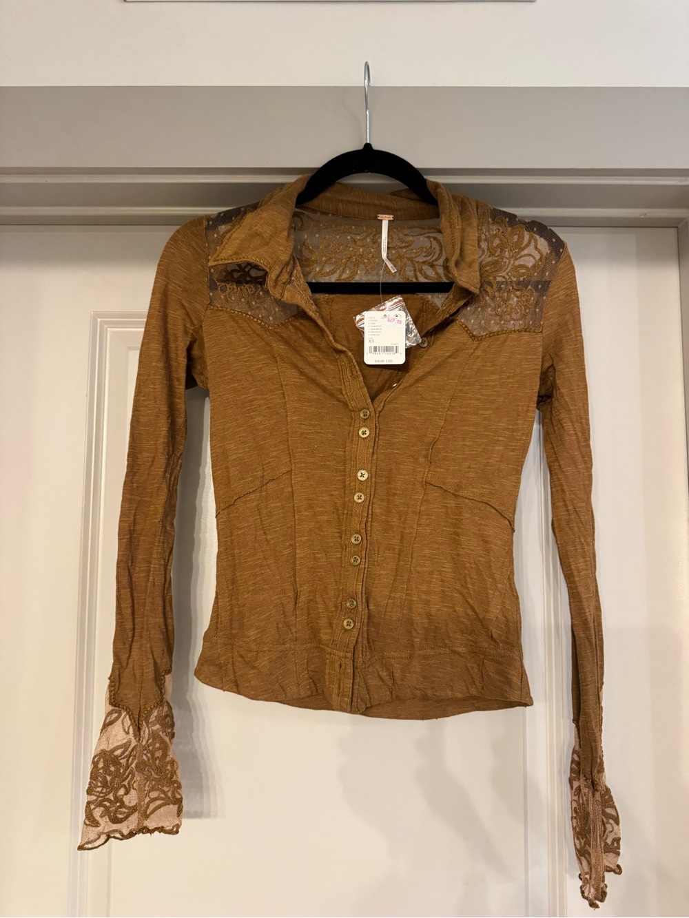 Free People Rust Brown Lace-Yoke Button Down Top
